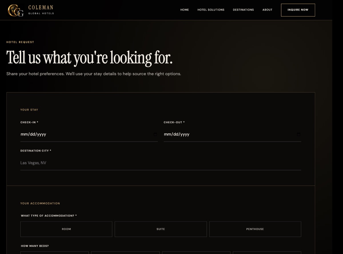 Coleman Global Hotels request form, capturing stay dates, accommodation type, and preferences