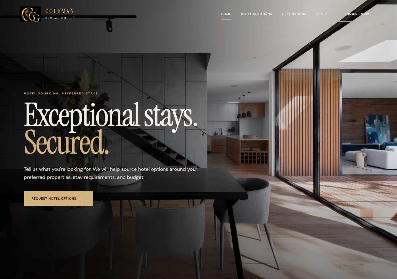 Coleman Global Hotels homepage, luxury interior hero with hotel sourcing headline