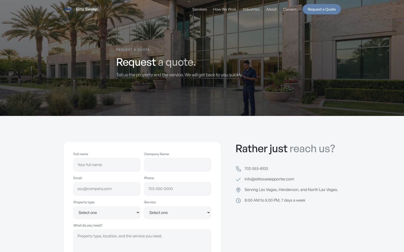 Elite Sweep's mobile-first quote request page