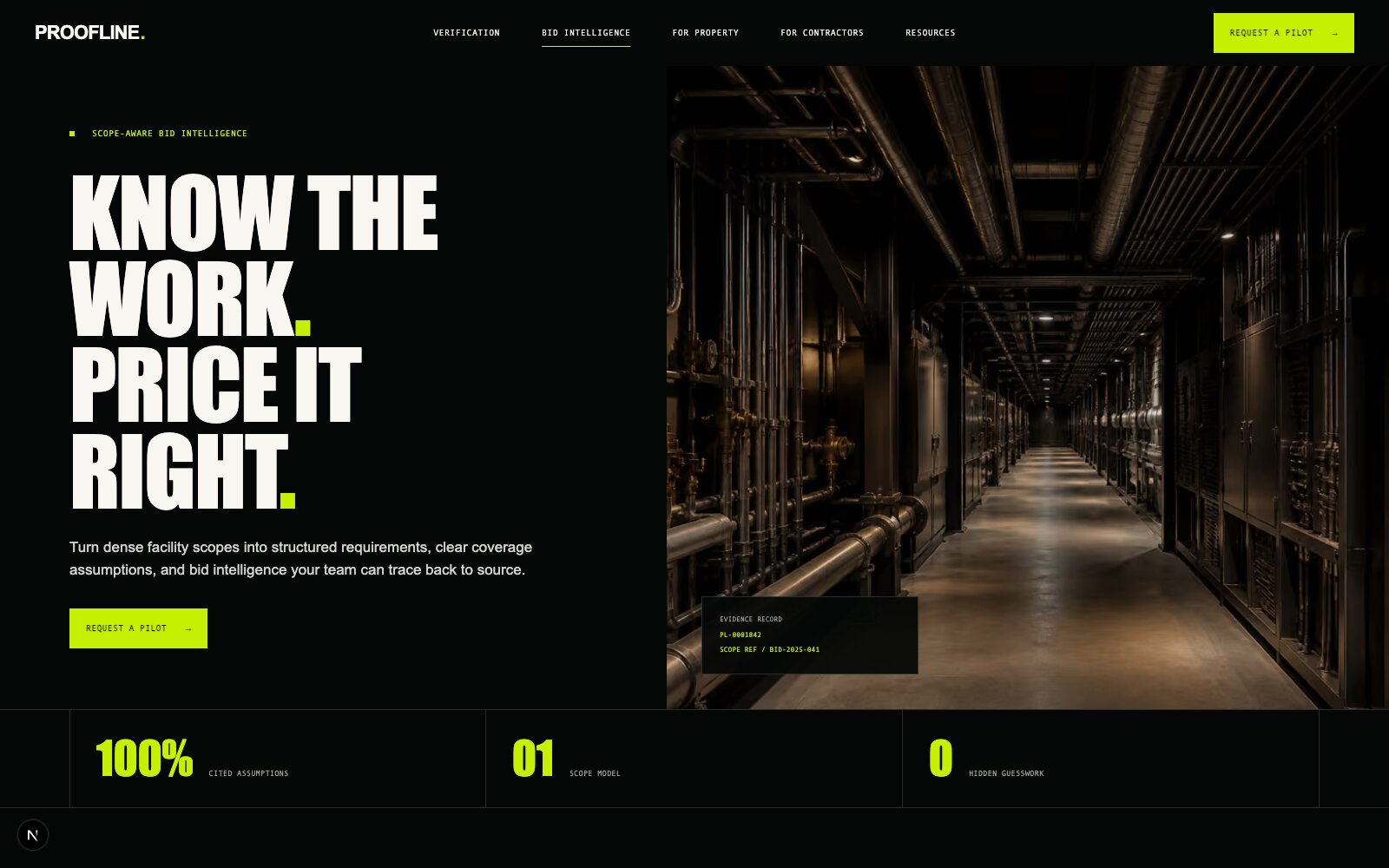 Proofline's bid intelligence page, turning facility scopes into structured requirements
