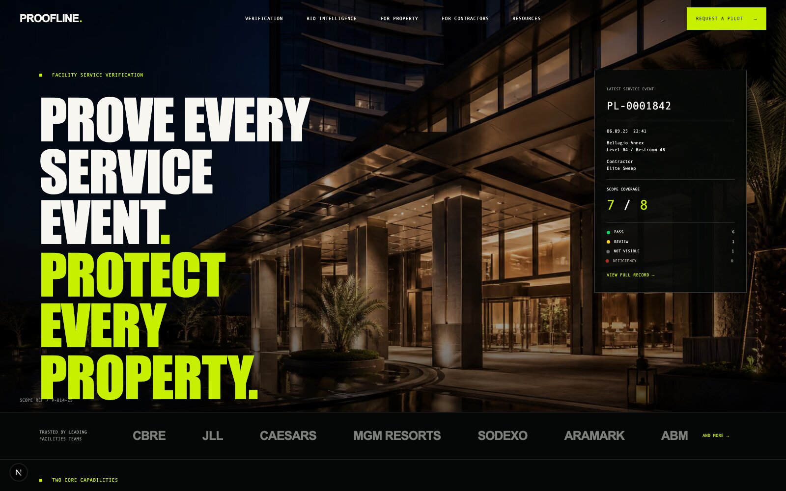 Proofline's homepage, a live facility-service verification record